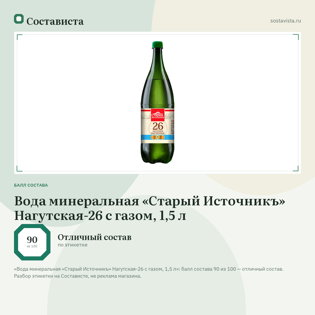 Вода минеральная «Старый Источникъ» Нагутская-26 с газом, 1,5 л: балл состава 90 из 100 — Состависта