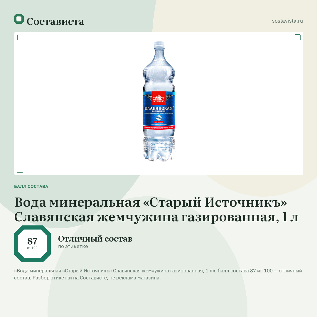 Вода минеральная «Старый Источникъ» Славянская жемчужина газированная, 1 л: балл состава 87 из 100 — Состависта