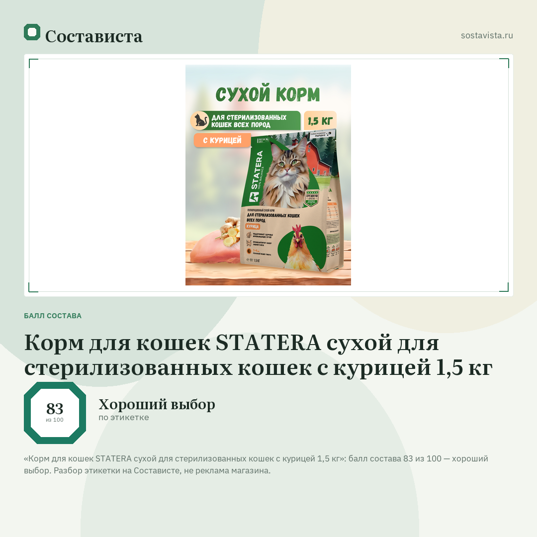 Корм для кошек STATERA сухой для стерилизованных кошек с курицей 1,5 кг: балл состава 83 из 100 — Состависта