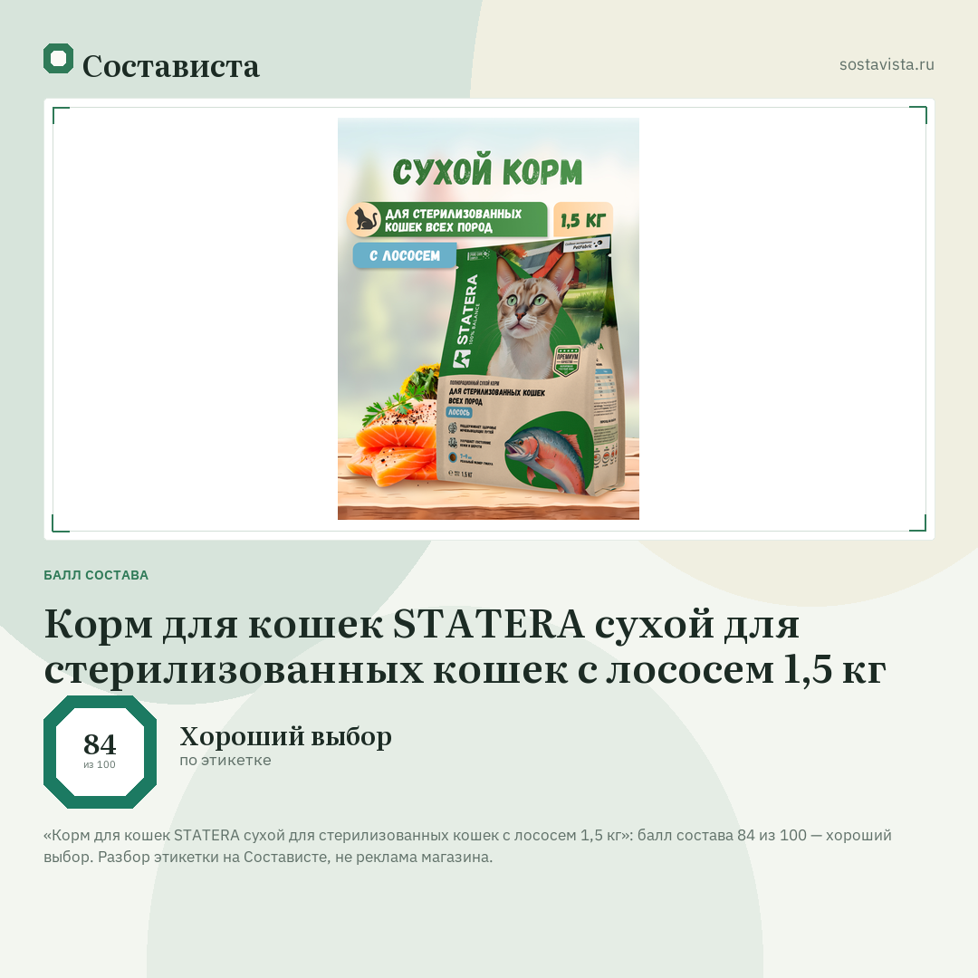 Корм для кошек STATERA сухой для стерилизованных кошек с лососем 1,5 кг: балл состава 84 из 100 — Состависта