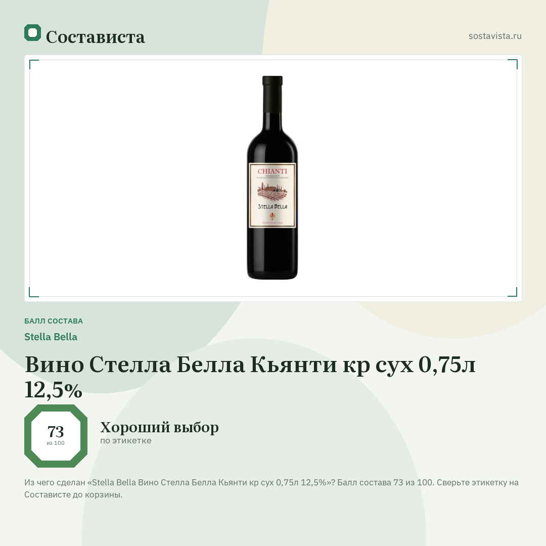 Stella Bella Вино Стелла Белла Кьянти кр сух 0,75л 12,5%: балл состава 73 из 100 — Состависта