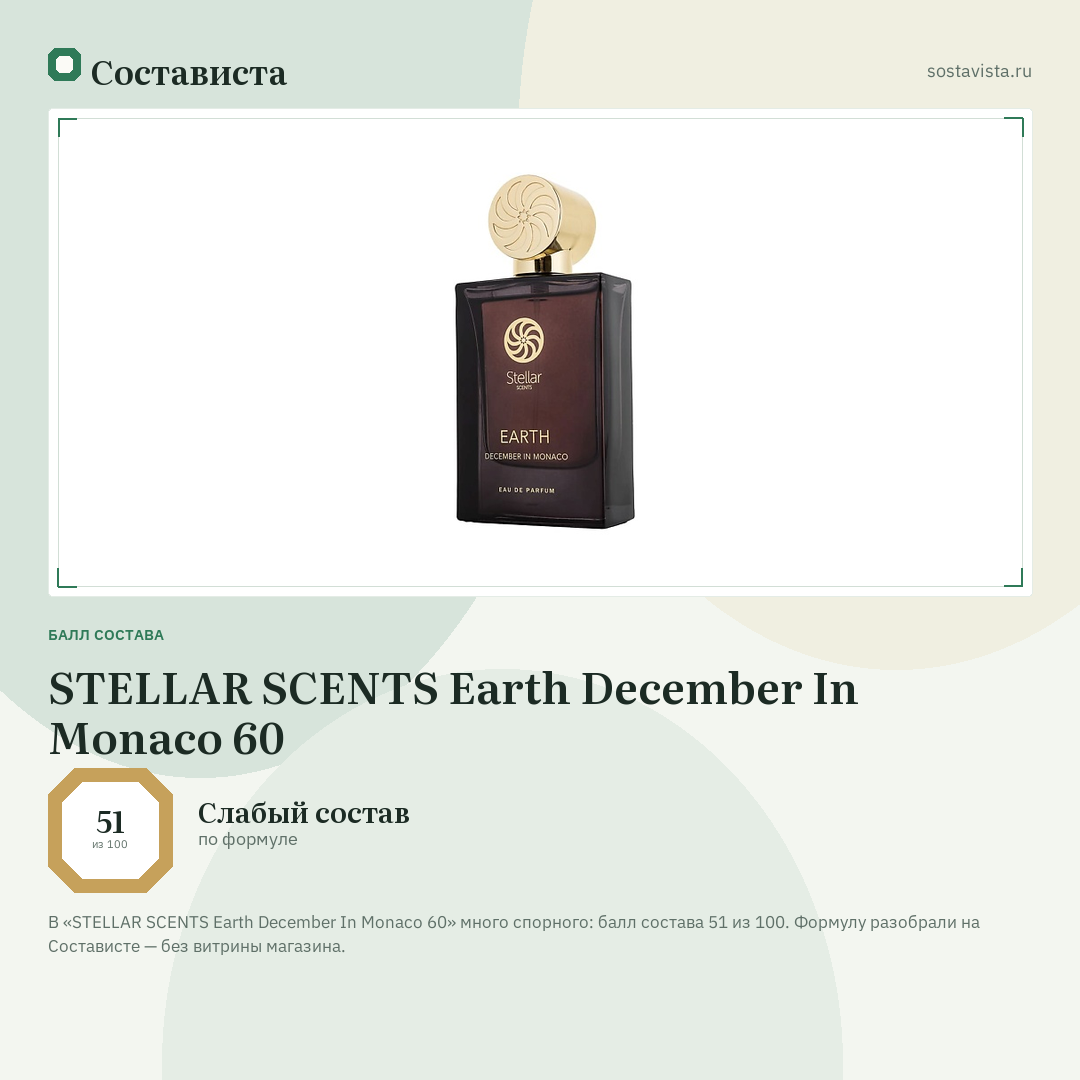 STELLAR SCENTS Earth December In Monaco 60: балл состава 51 из 100 — Состависта