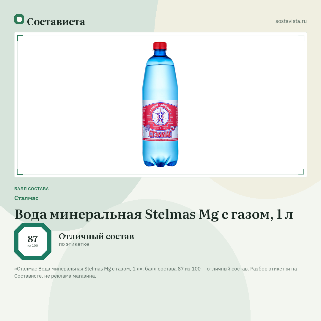 Стэлмас Вода минеральная Stelmas Mg с газом, 1 л: балл состава 87 из 100 — Состависта