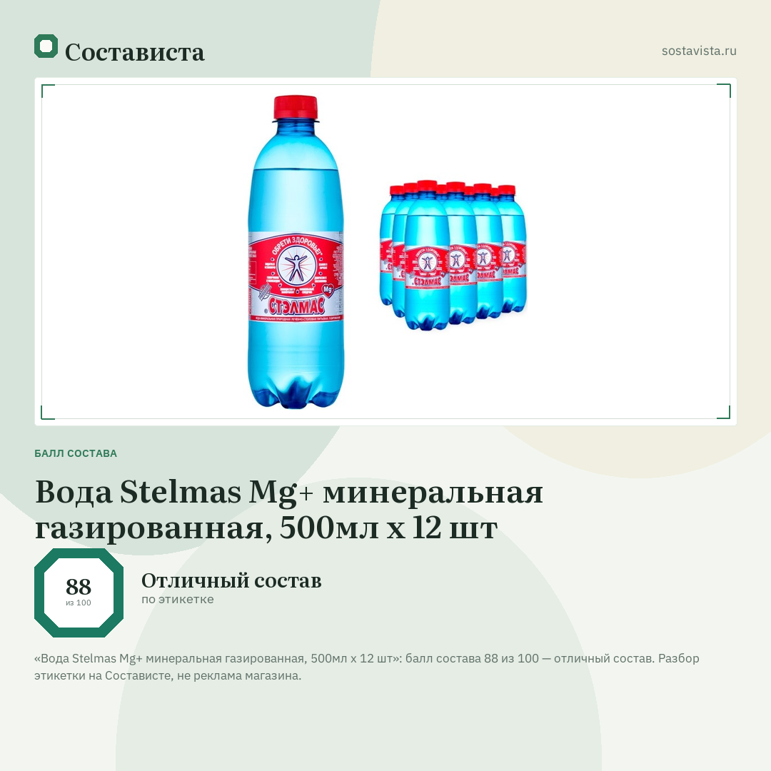 Вода Stelmas Mg+ минеральная газированная, 500мл x 12 шт: балл состава 88 из 100 — Состависта
