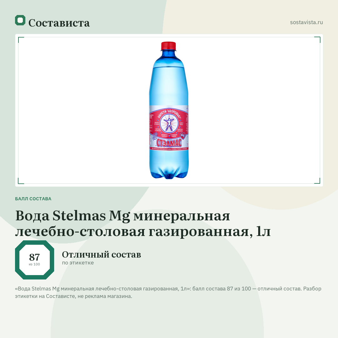 Вода Stelmas Mg минеральная лечебно-столовая газированная, 1л: балл состава 87 из 100 — Состависта