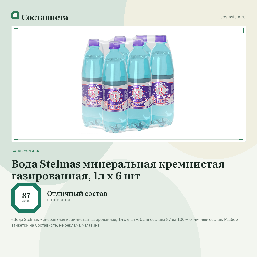 Вода Stelmas минеральная кремнистая газированная, 1л x 6 шт: балл состава 87 из 100 — Состависта
