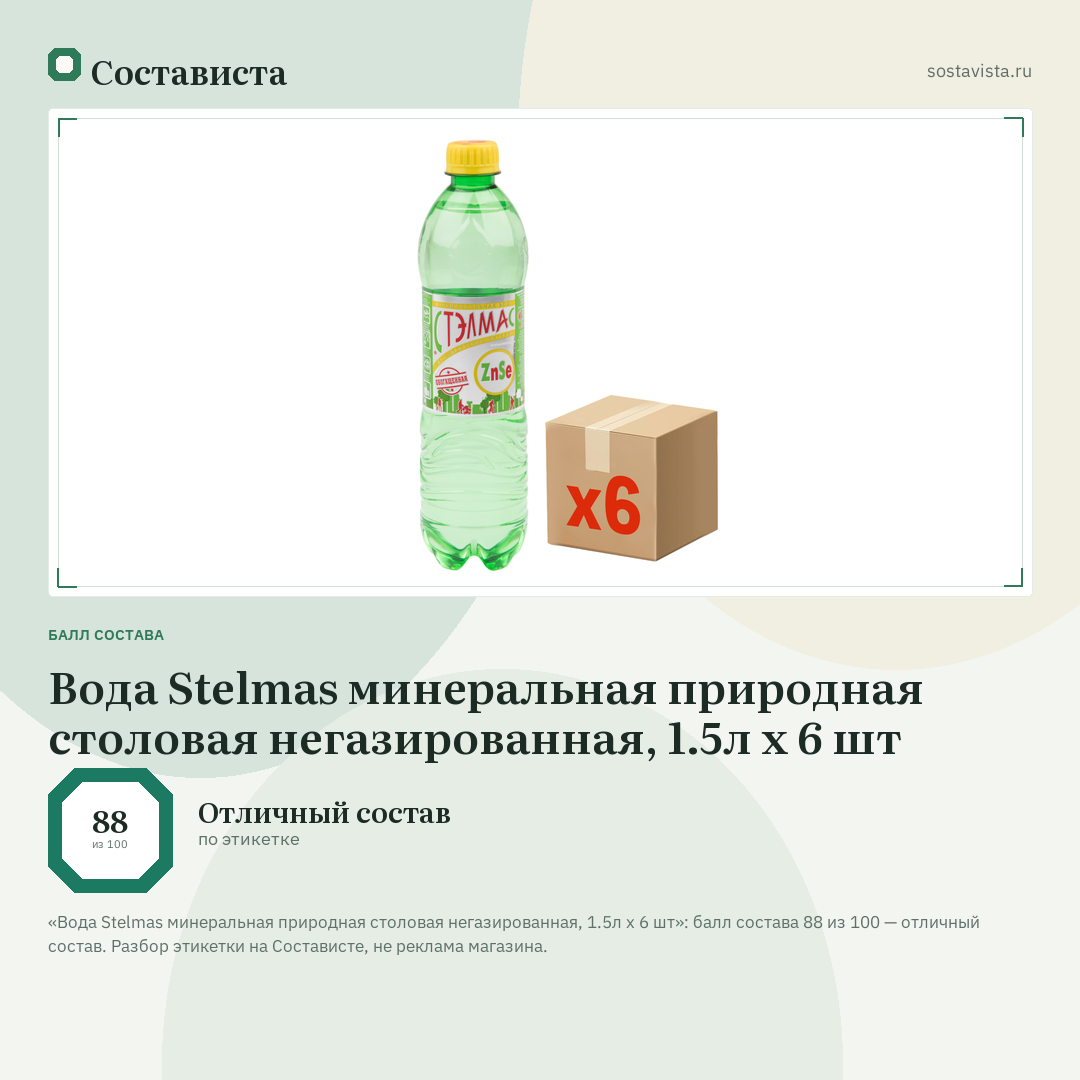Вода Stelmas минеральная природная столовая негазированная, 1.5л x 6 шт: балл состава 88 из 100 — Состависта