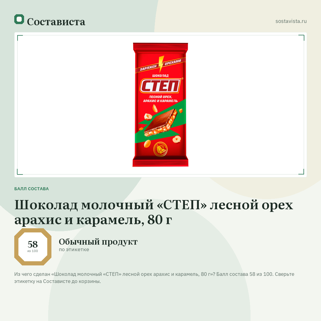 Шоколад молочный «СТЕП» лесной орех арахис и карамель, 80 г: балл состава 58 из 100 — Состависта