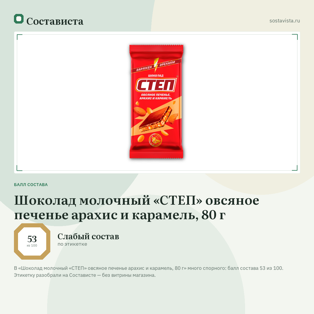 Шоколад молочный «СТЕП» овсяное печенье арахис и карамель, 80 г: балл состава 53 из 100 — Состависта