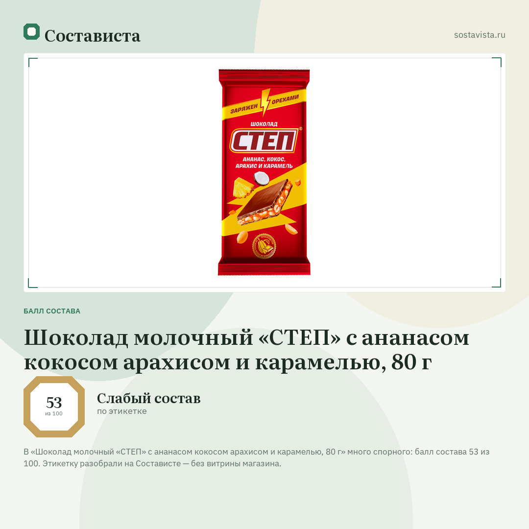 Шоколад молочный «СТЕП» с ананасом кокосом арахисом и карамелью, 80 г: балл состава 53 из 100 — Состависта