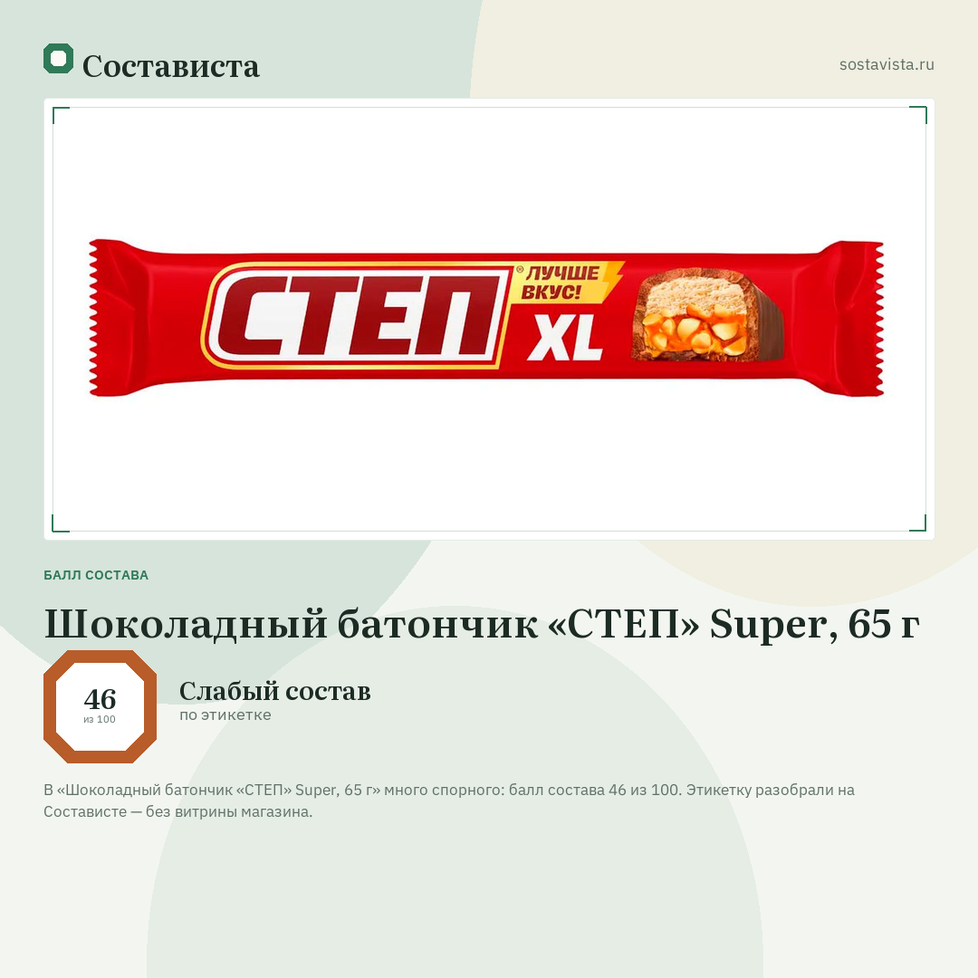 Шоколадный батончик «СТЕП» Super, 65 г: балл состава 46 из 100 — Состависта