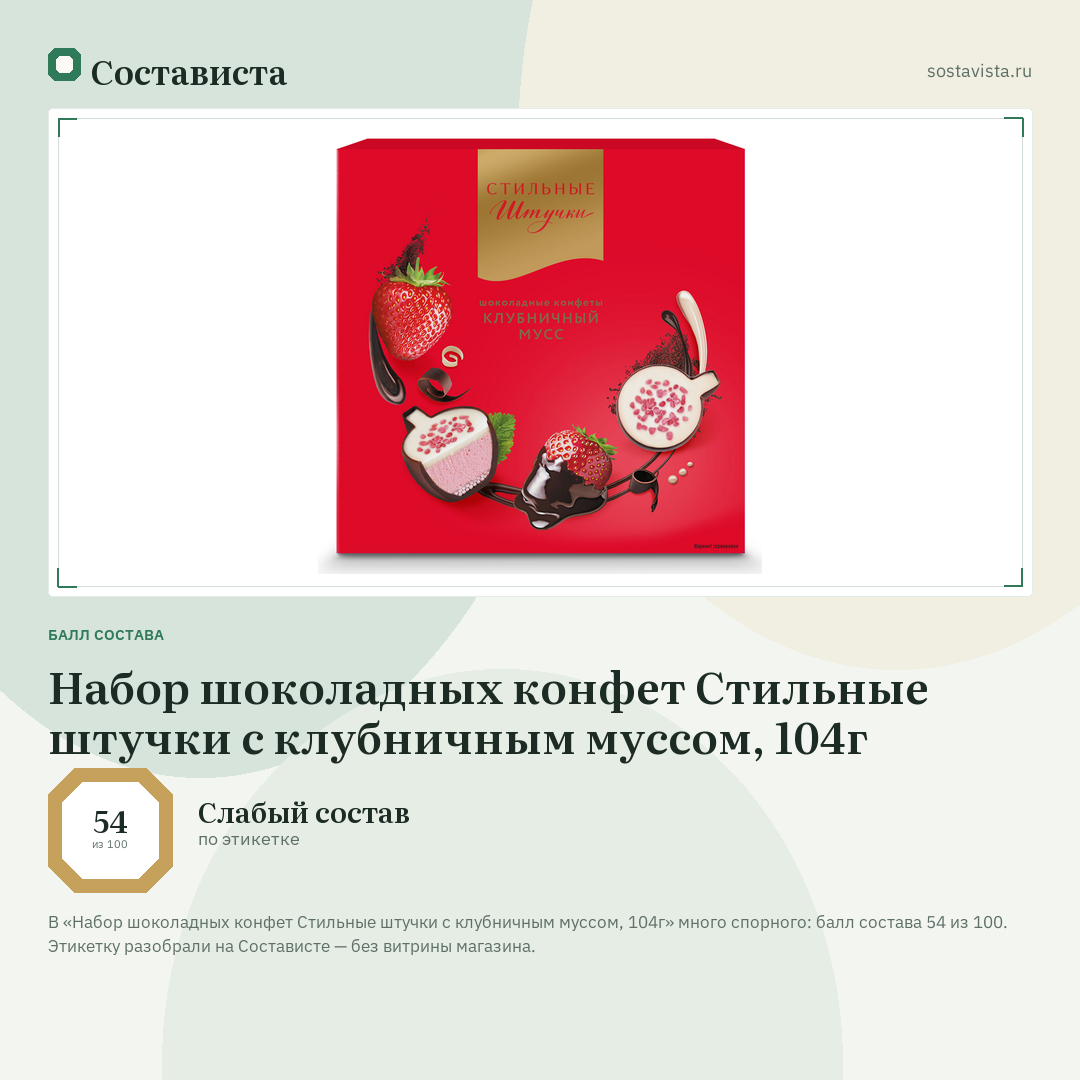 Набор шоколадных конфет Стильные штучки с клубничным муссом, 104г: балл состава 54 из 100 — Состависта