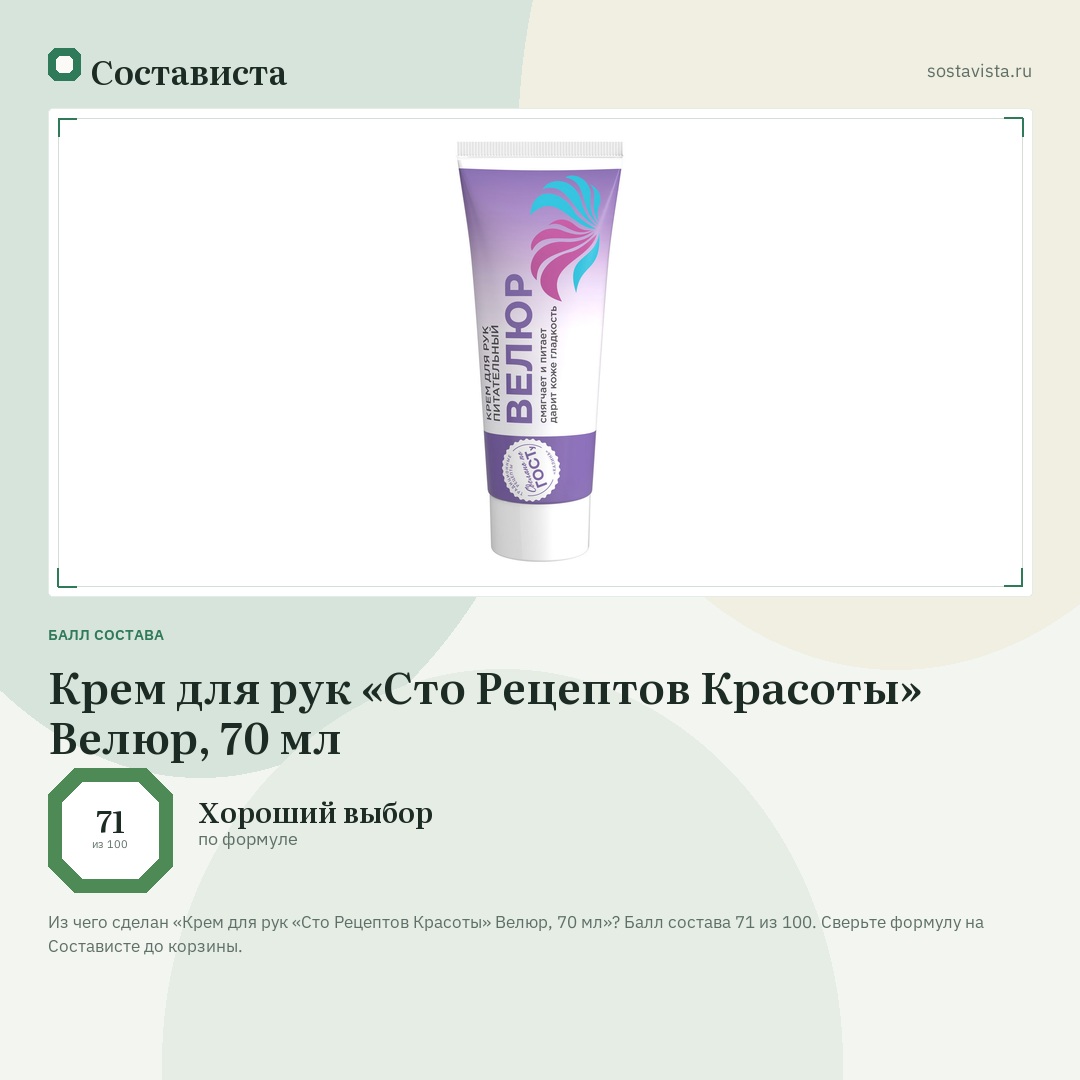 Крем для рук «Сто Рецептов Красоты» Велюр, 70 мл: балл состава 71 из 100 — Состависта