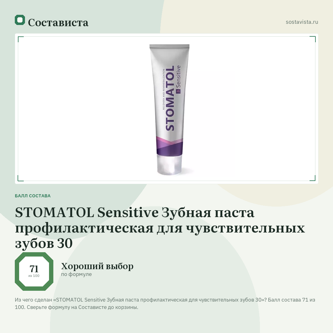 STOMATOL Sensitive Зубная паста профилактическая для чувствительных зубов 30: балл состава 71 из 100 — Состависта