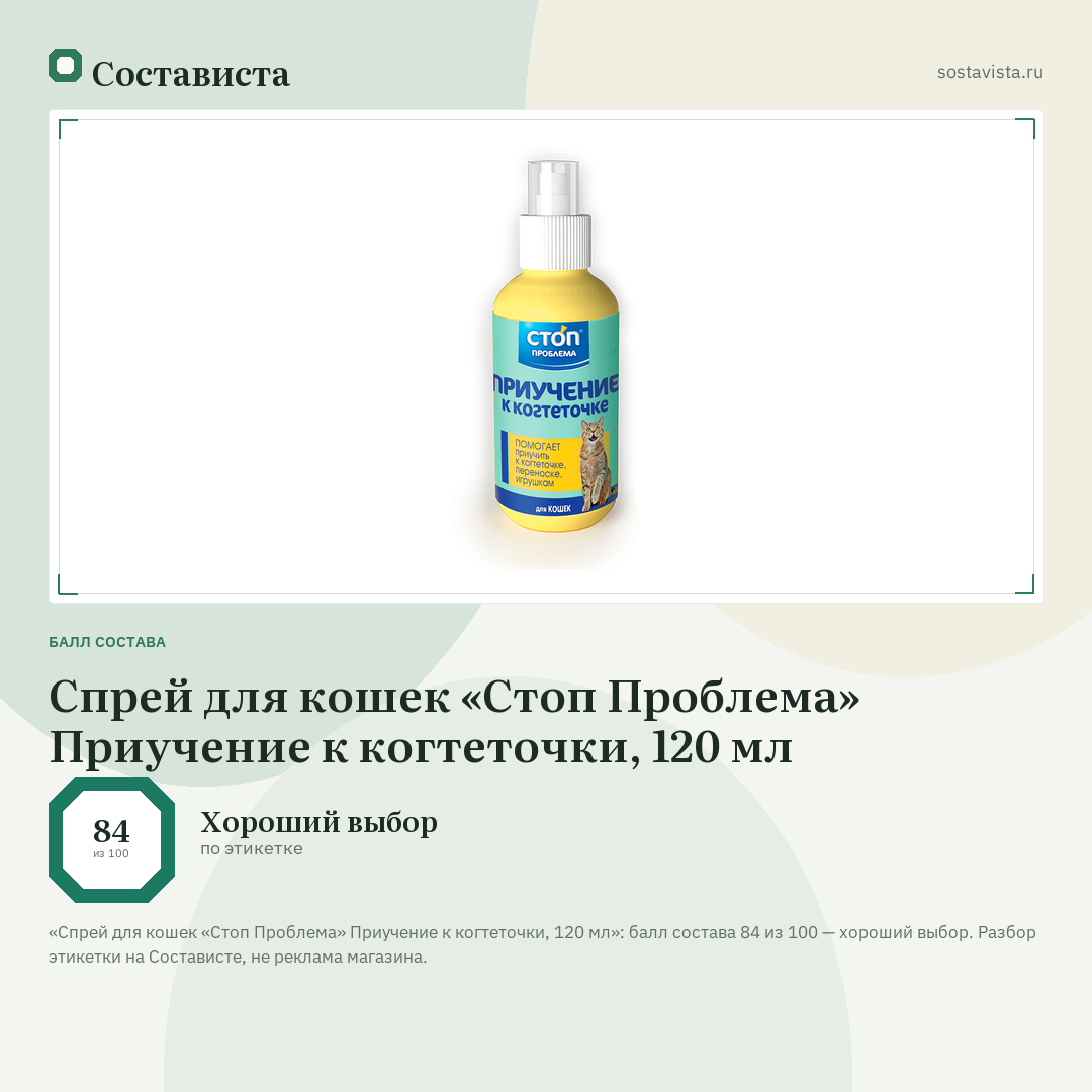 Спрей для кошек «Стоп Проблема» Приучение к когтеточки, 120 мл: балл состава 84 из 100 — Состависта