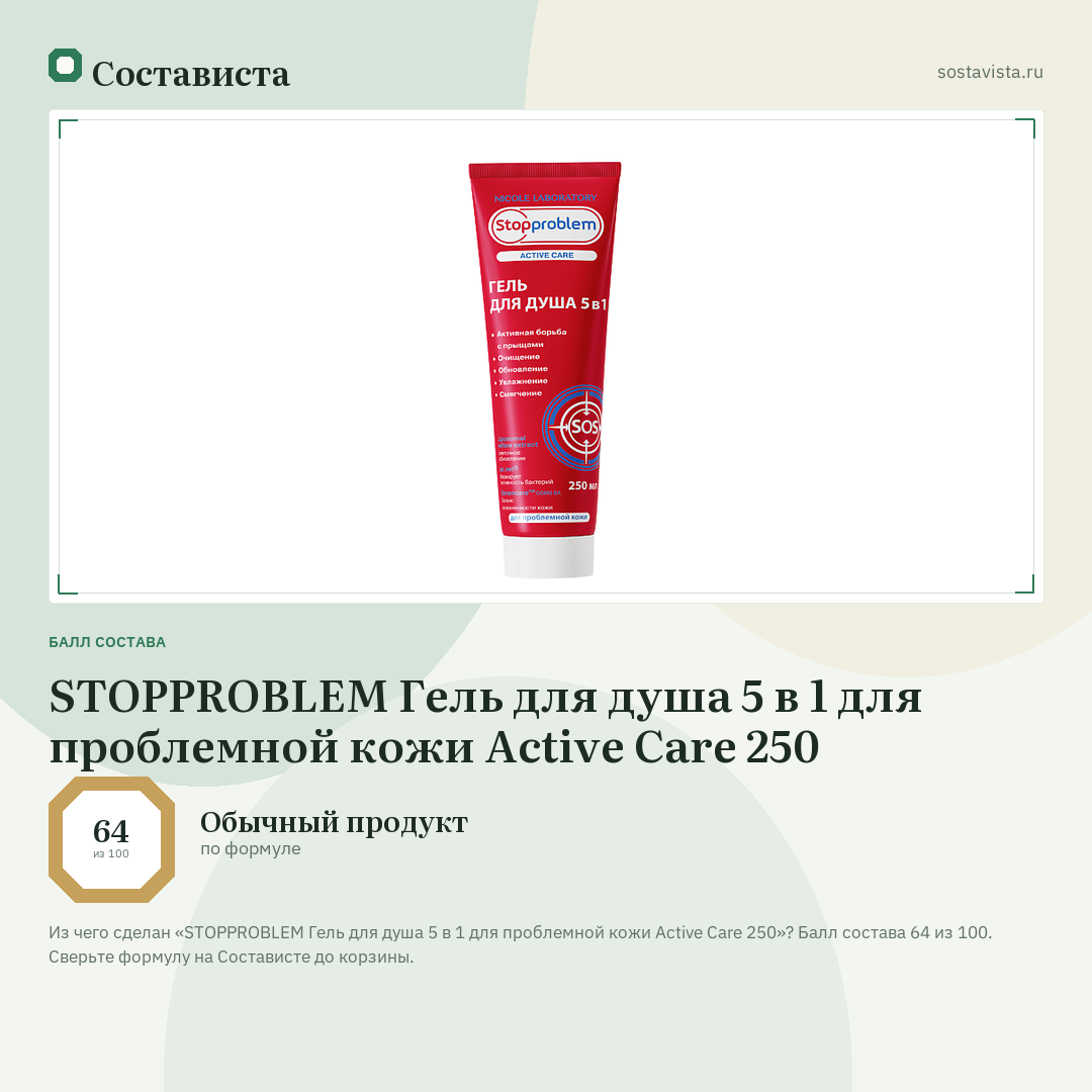 STOPPROBLEM Гель для душа 5 в 1 для проблемной кожи Active Care 250: балл состава 64 из 100 — Состависта