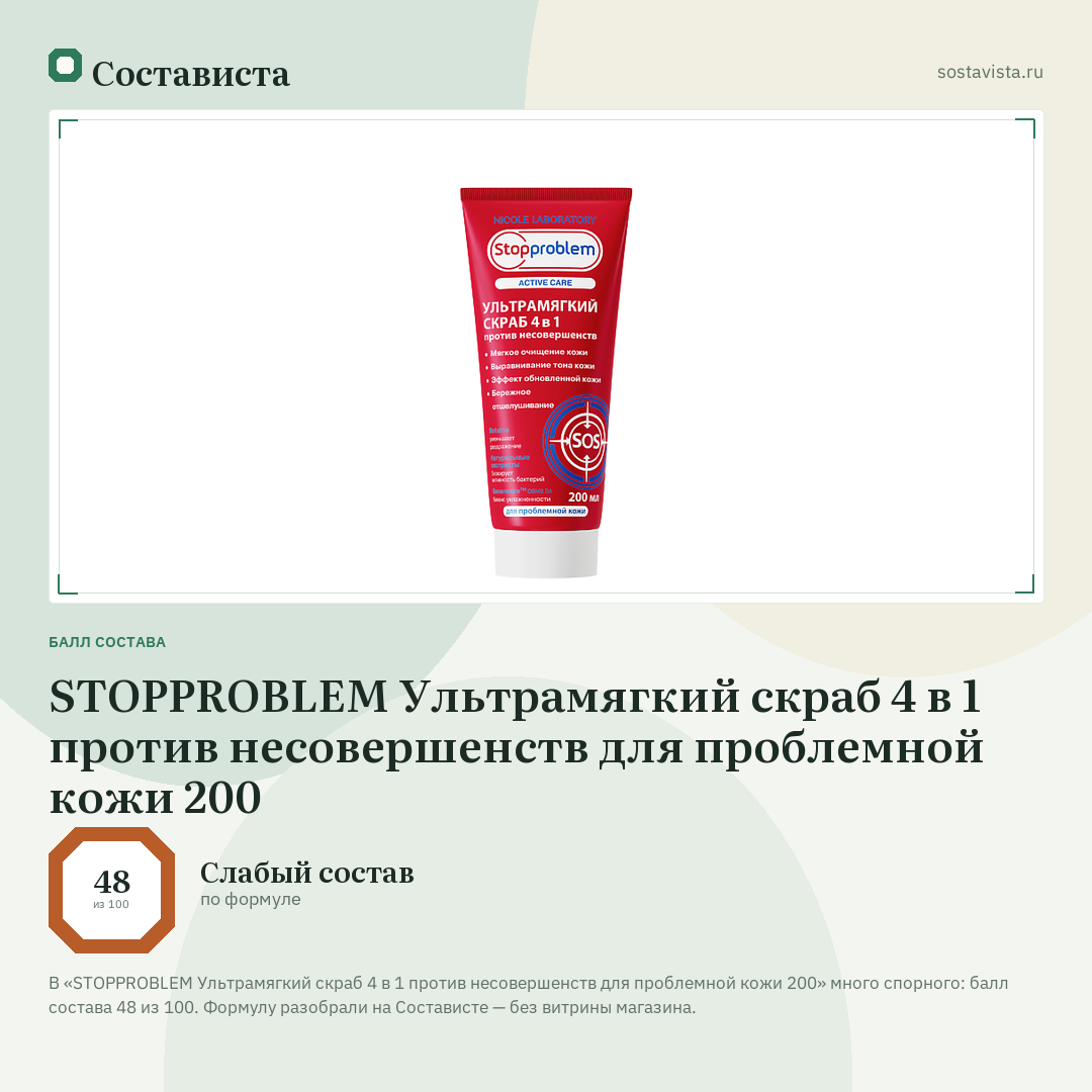 STOPPROBLEM Ультрамягкий скраб 4 в 1 против несовершенств для проблемной кожи 200: балл состава 48 из 100 — Состависта