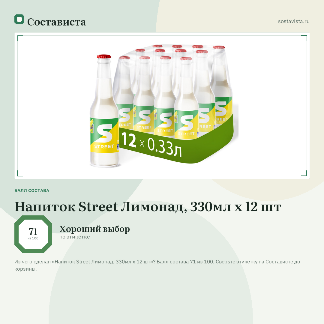 Напиток Street Лимонад, 330мл x 12 шт: балл состава 71 из 100 — Состависта