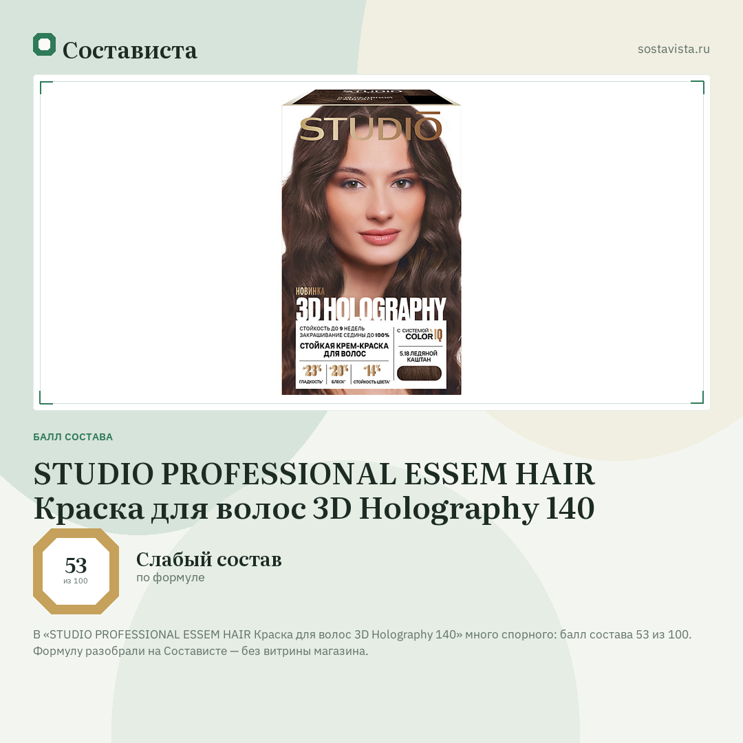 STUDIO PROFESSIONAL ESSEM HAIR Краска для волос 3D Holography 140: балл состава 53 из 100 — Состависта