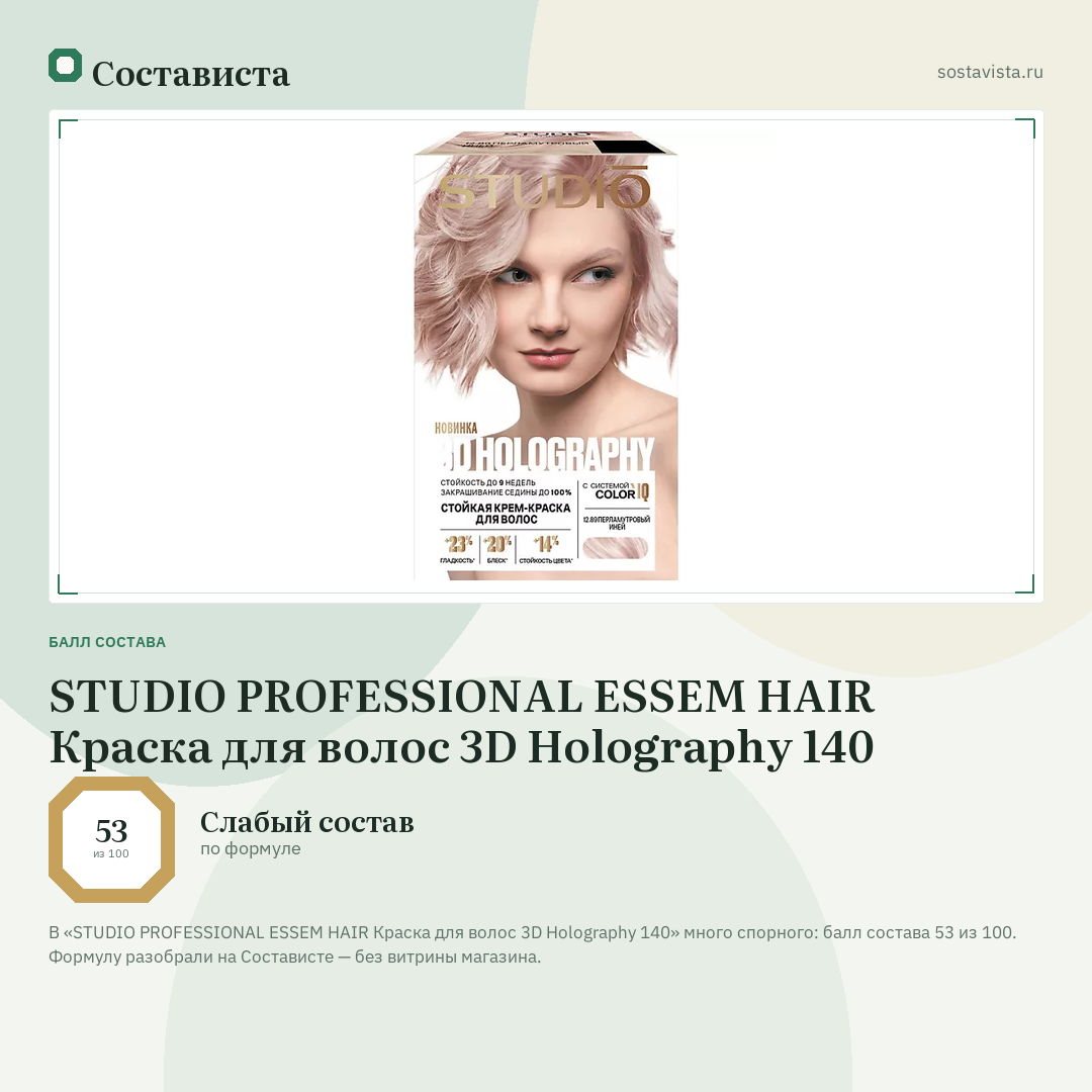 STUDIO PROFESSIONAL ESSEM HAIR Краска для волос 3D Holography 140: балл состава 53 из 100 — Состависта