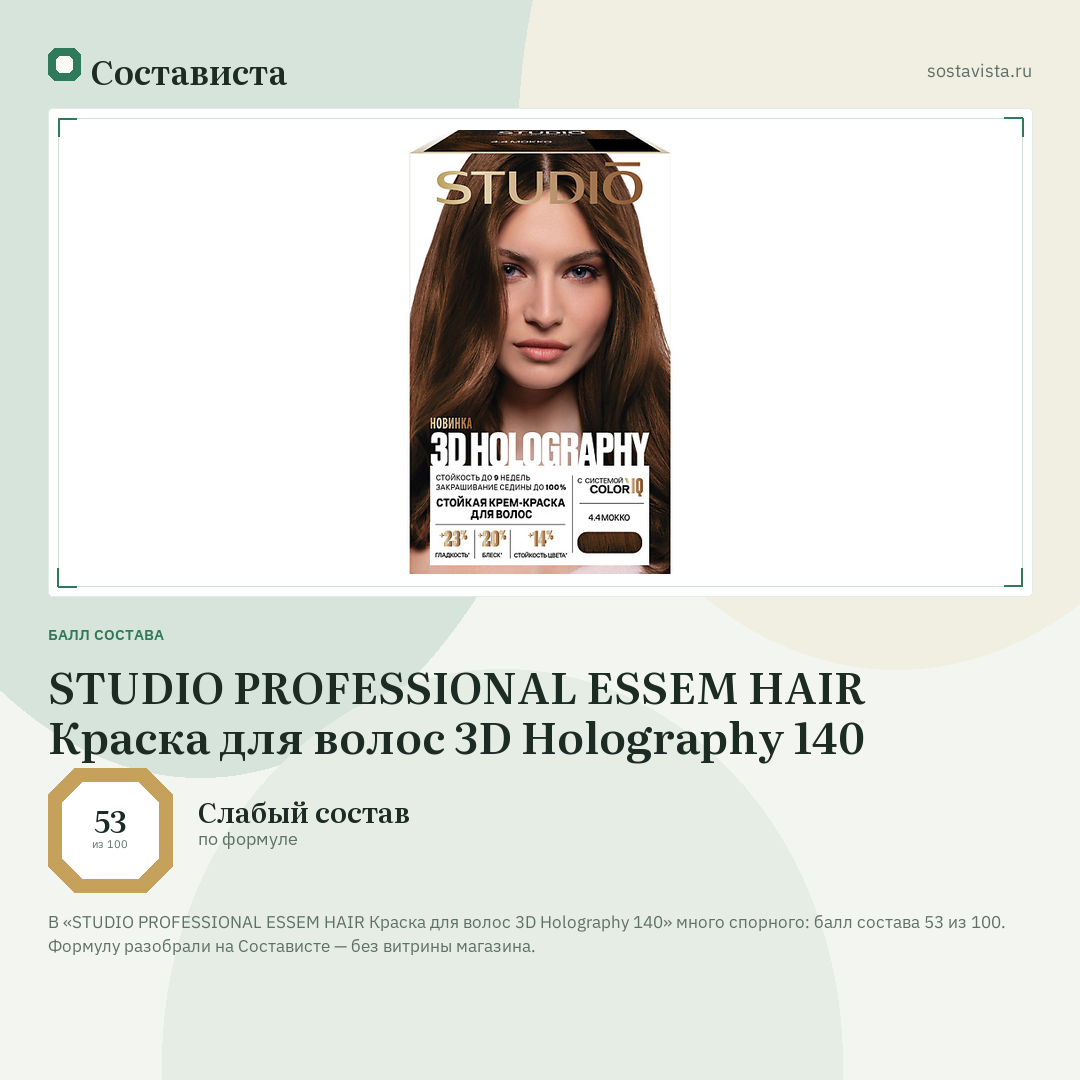 STUDIO PROFESSIONAL ESSEM HAIR Краска для волос 3D Holography 140: балл состава 53 из 100 — Состависта