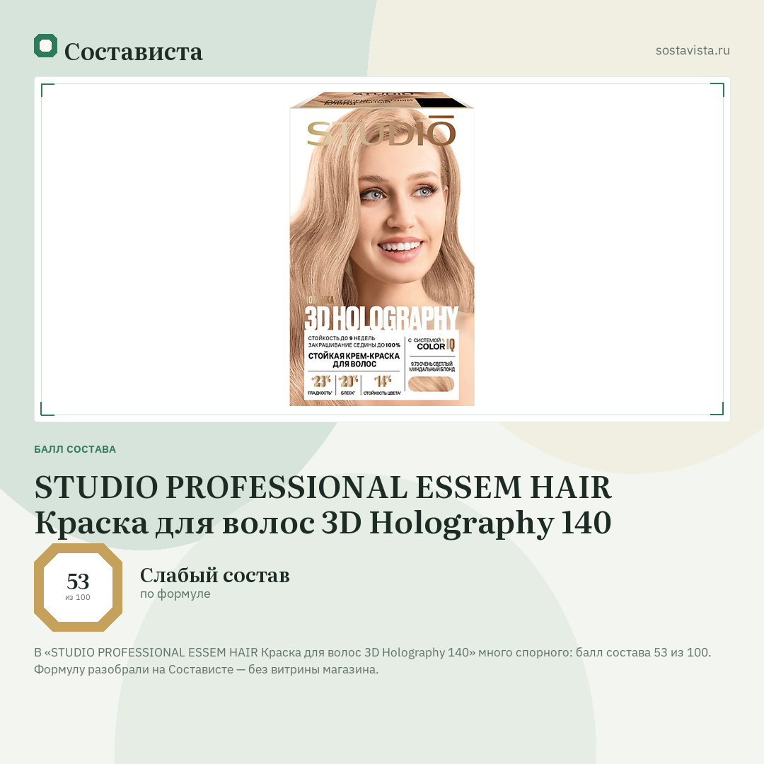 STUDIO PROFESSIONAL ESSEM HAIR Краска для волос 3D Holography 140: балл состава 53 из 100 — Состависта
