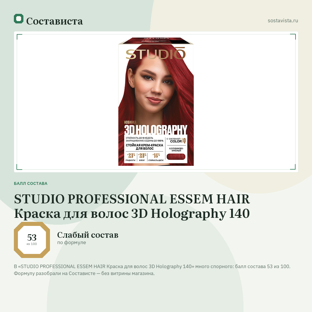 STUDIO PROFESSIONAL ESSEM HAIR Краска для волос 3D Holography 140: балл состава 53 из 100 — Состависта