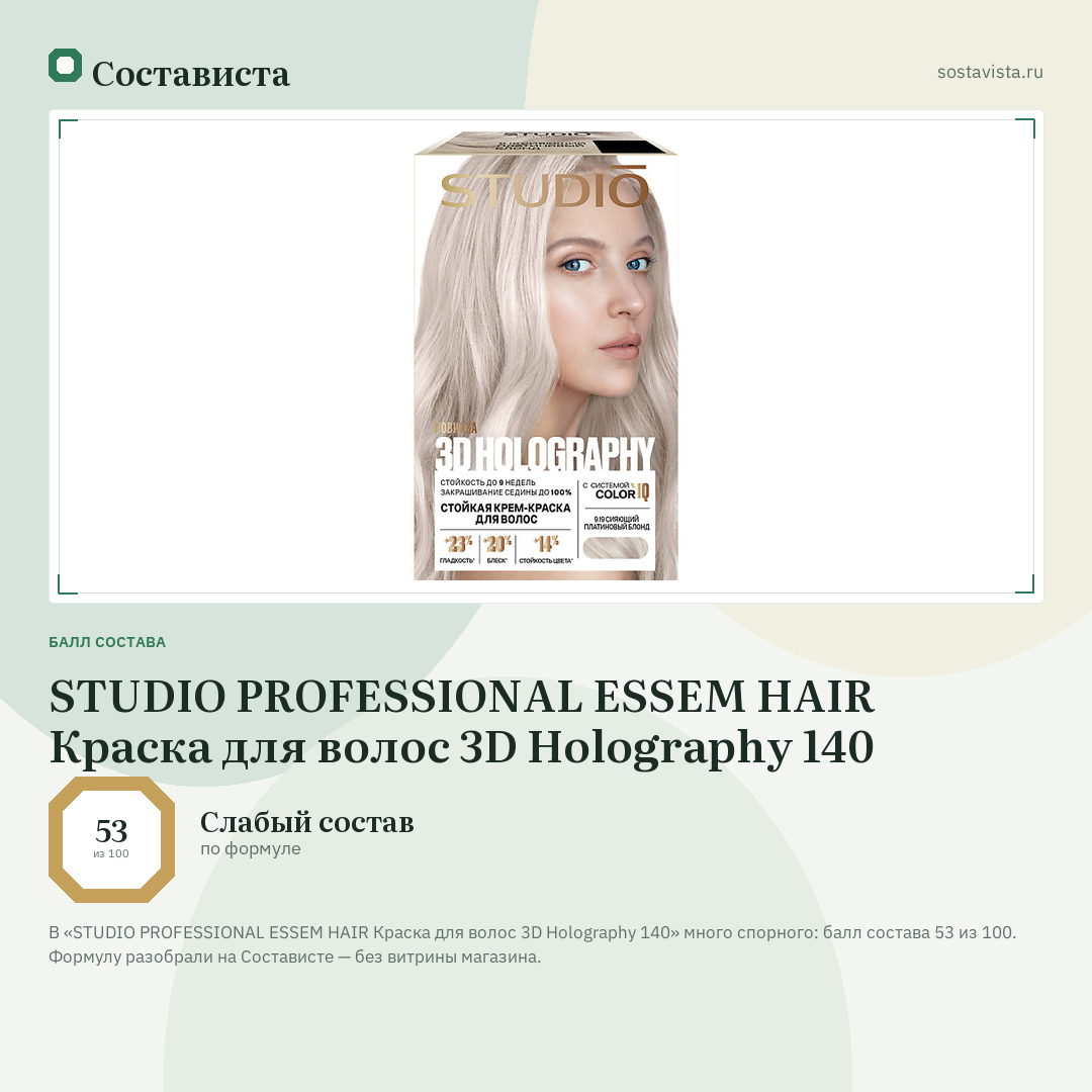 STUDIO PROFESSIONAL ESSEM HAIR Краска для волос 3D Holography 140: балл состава 53 из 100 — Состависта