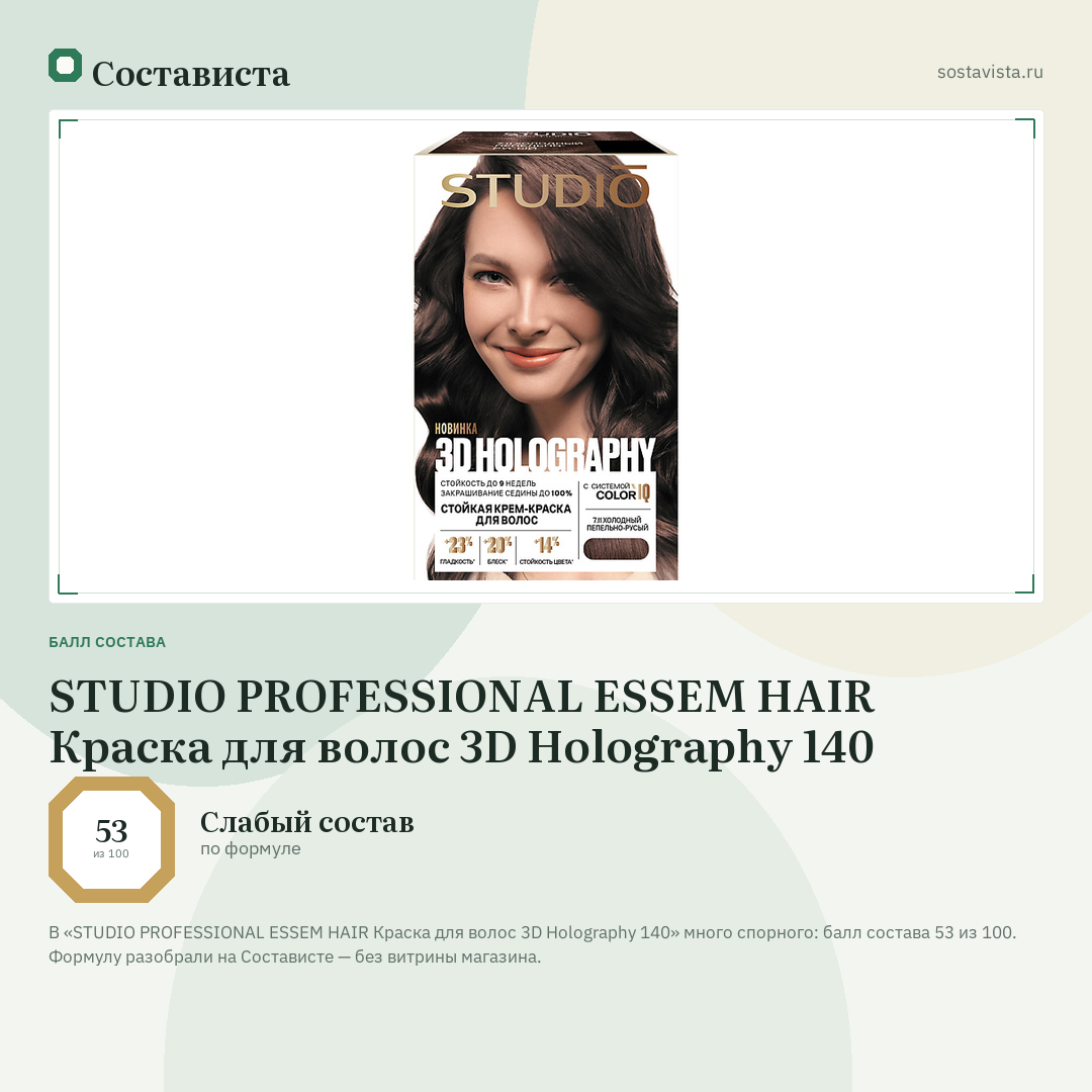 STUDIO PROFESSIONAL ESSEM HAIR Краска для волос 3D Holography 140: балл состава 53 из 100 — Состависта
