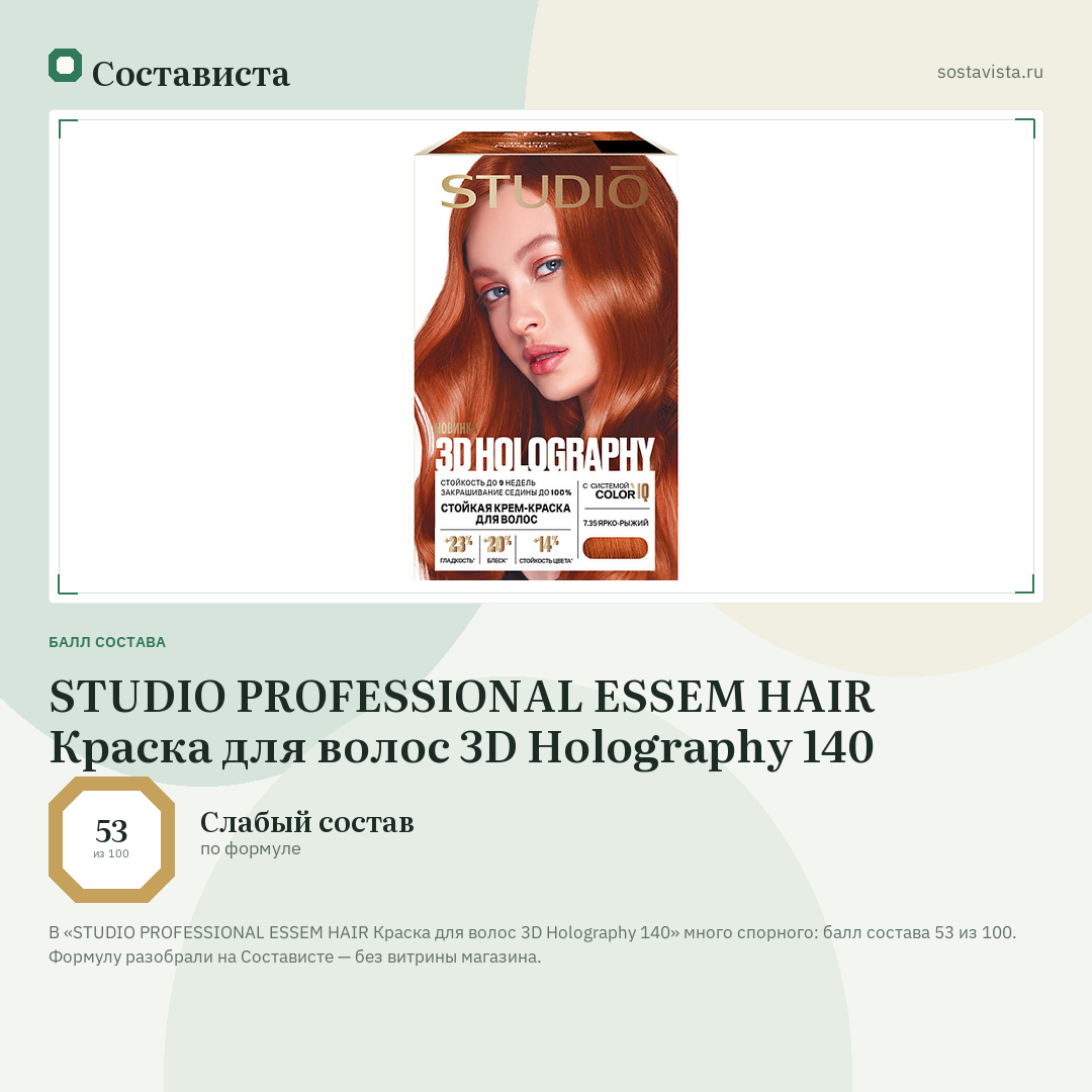 STUDIO PROFESSIONAL ESSEM HAIR Краска для волос 3D Holography 140: балл состава 53 из 100 — Состависта
