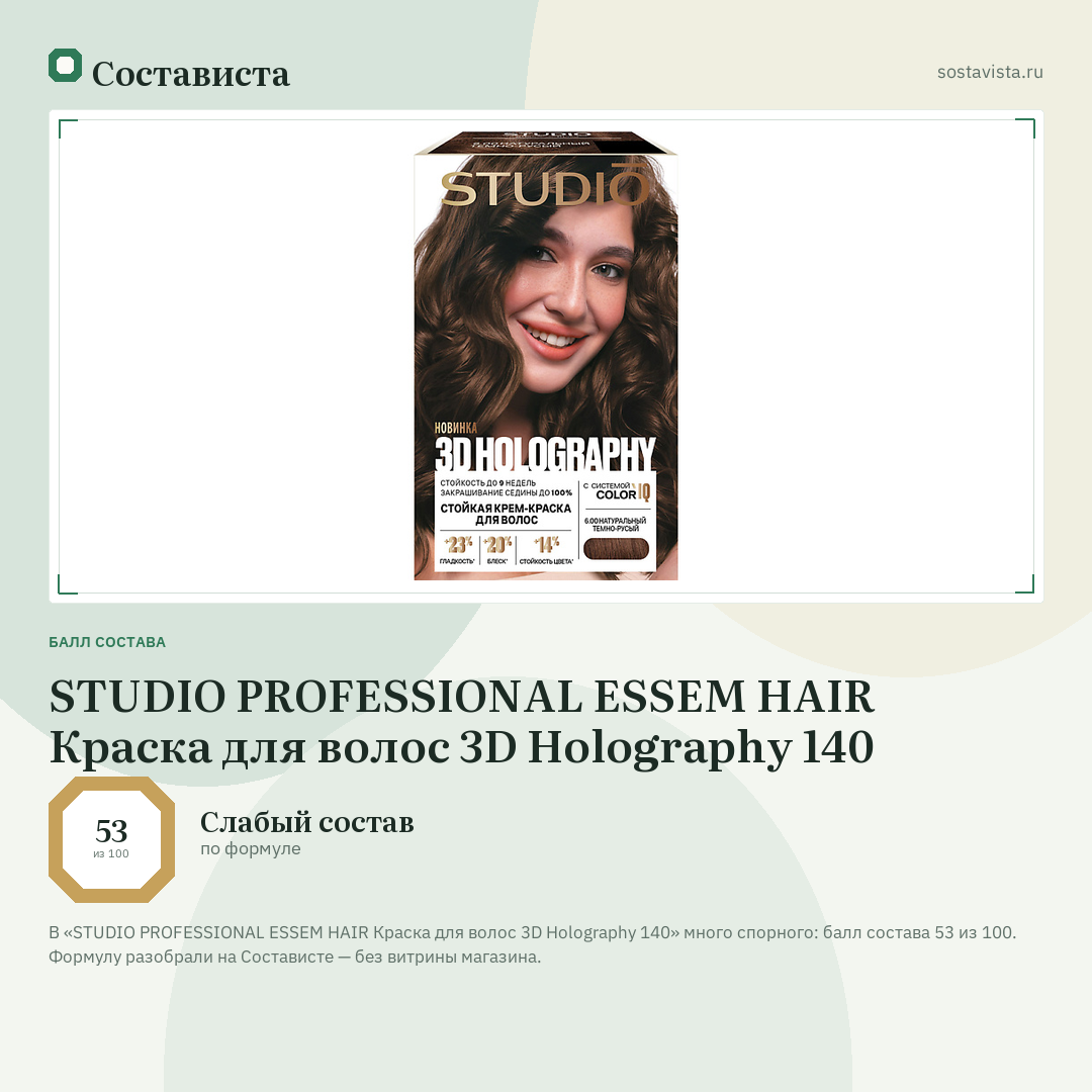 STUDIO PROFESSIONAL ESSEM HAIR Краска для волос 3D Holography 140: балл состава 53 из 100 — Состависта