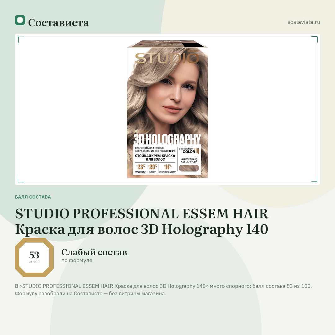 STUDIO PROFESSIONAL ESSEM HAIR Краска для волос 3D Holography 140: балл состава 53 из 100 — Состависта