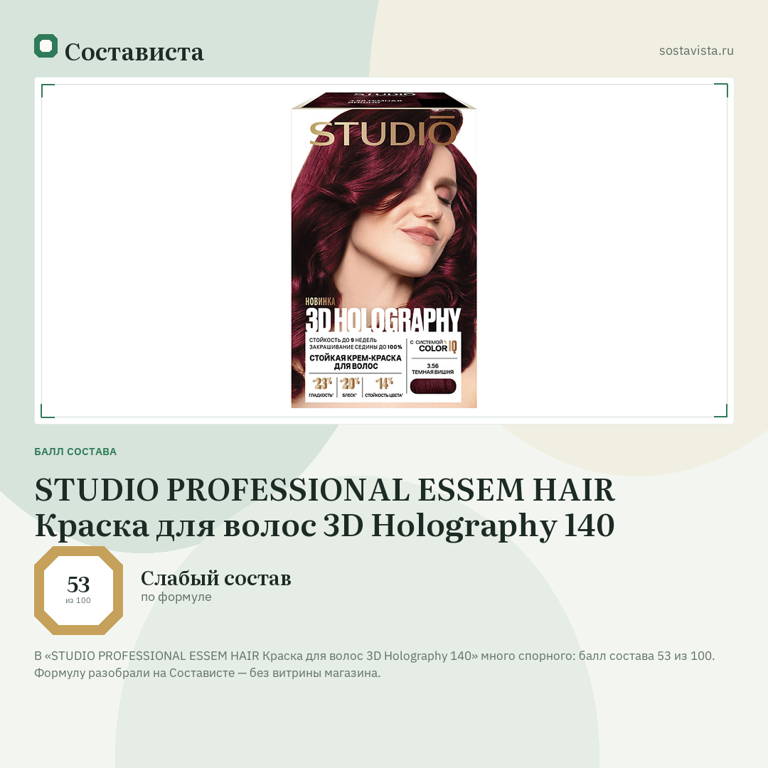 STUDIO PROFESSIONAL ESSEM HAIR Краска для волос 3D Holography 140: балл состава 53 из 100 — Состависта