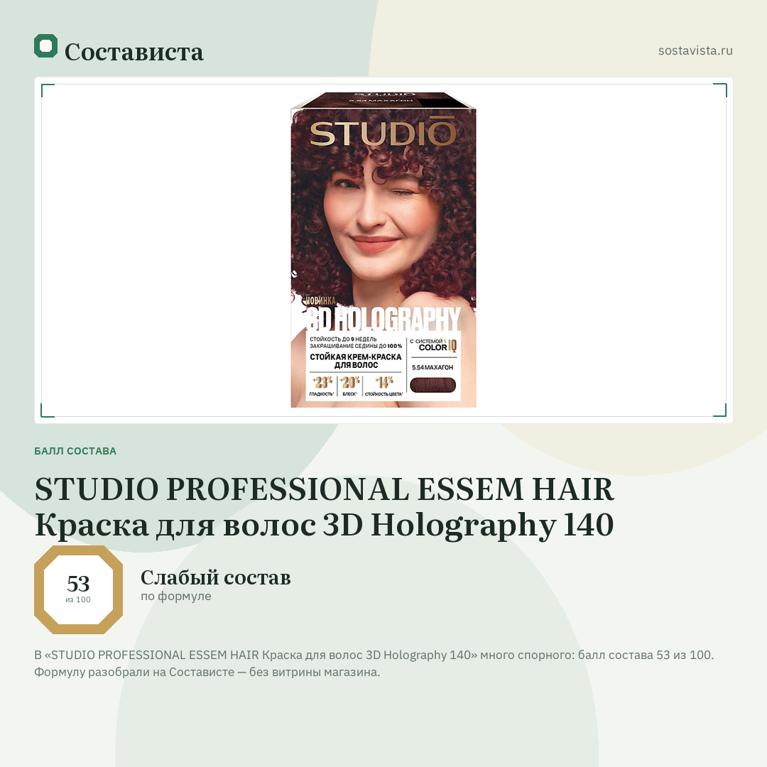 STUDIO PROFESSIONAL ESSEM HAIR Краска для волос 3D Holography 140: балл состава 53 из 100 — Состависта