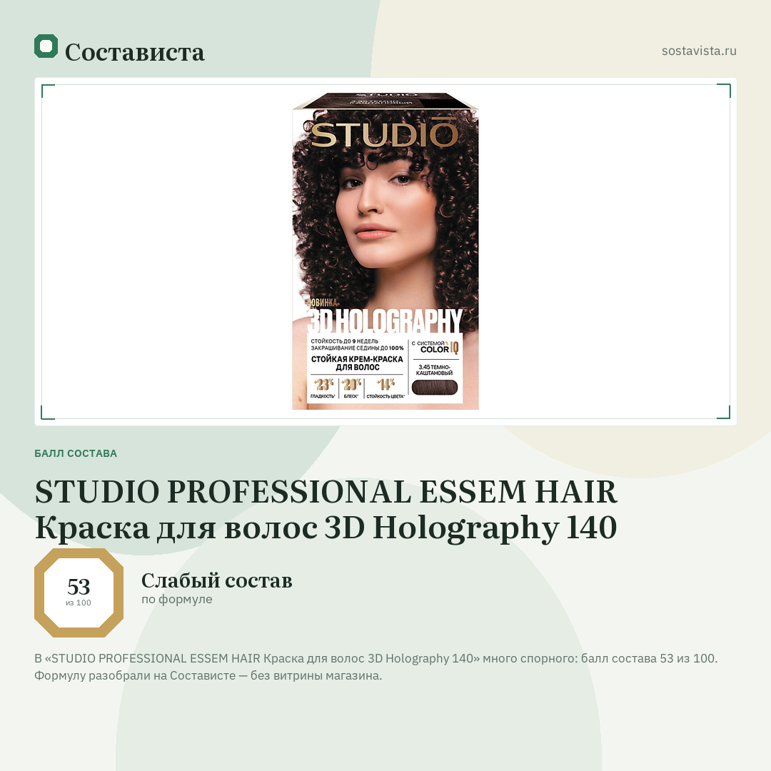 STUDIO PROFESSIONAL ESSEM HAIR Краска для волос 3D Holography 140: балл состава 53 из 100 — Состависта