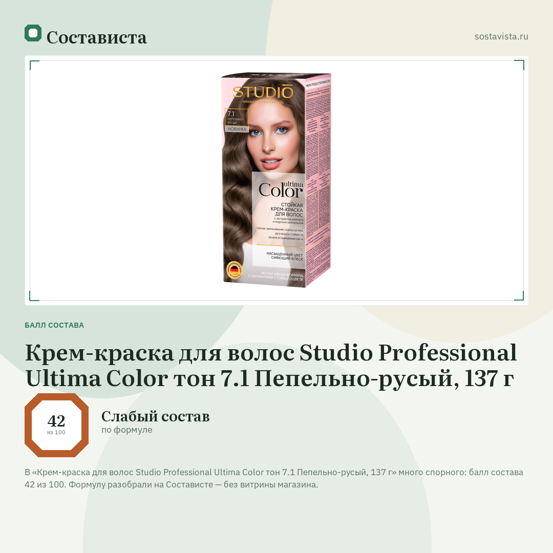 Крем-краска для волос Studio Professional Ultima Color тон 7.1 Пепельно-русый, 137 г: балл состава 42 из 100 — Состависта
