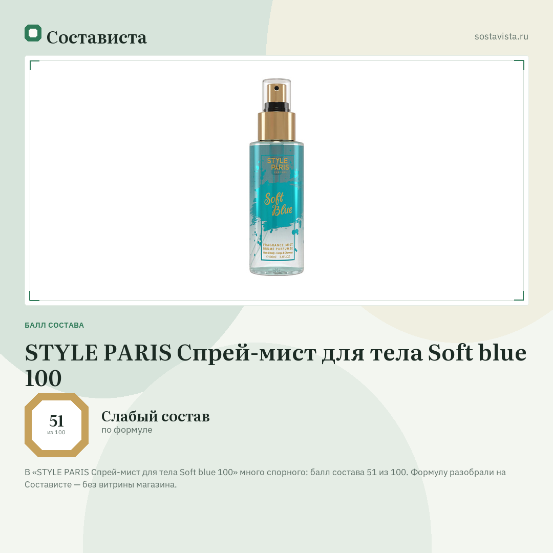 STYLE PARIS Спрей-мист для тела Soft blue 100: балл состава 51 из 100 — Состависта