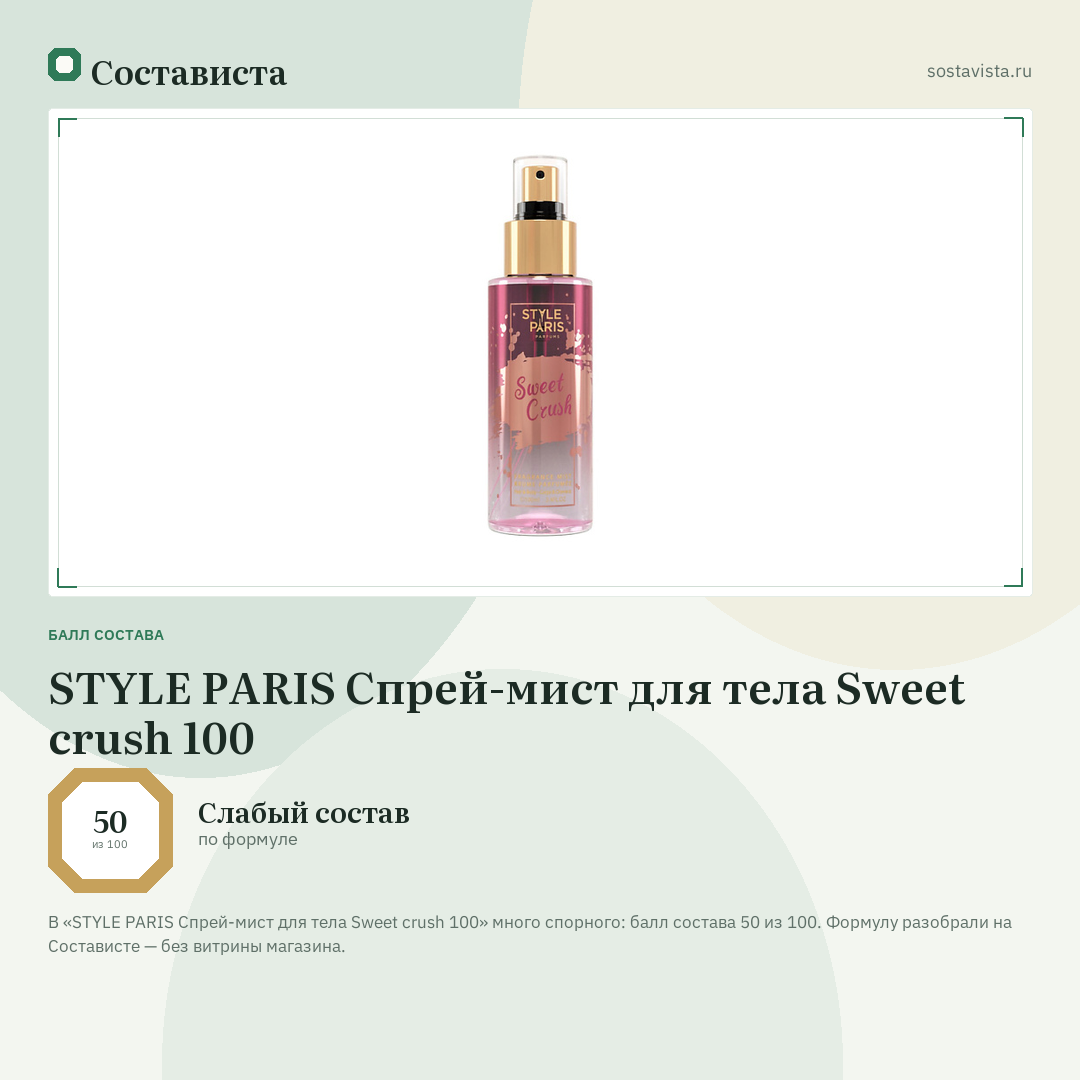 STYLE PARIS Спрей-мист для тела Sweet crush 100: балл состава 50 из 100 — Состависта