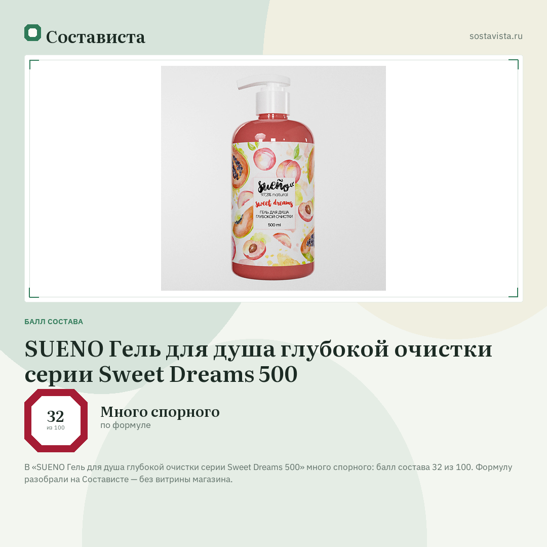 SUENO Гель для душа глубокой очистки серии Sweet Dreams 500: балл состава 32 из 100 — Состависта