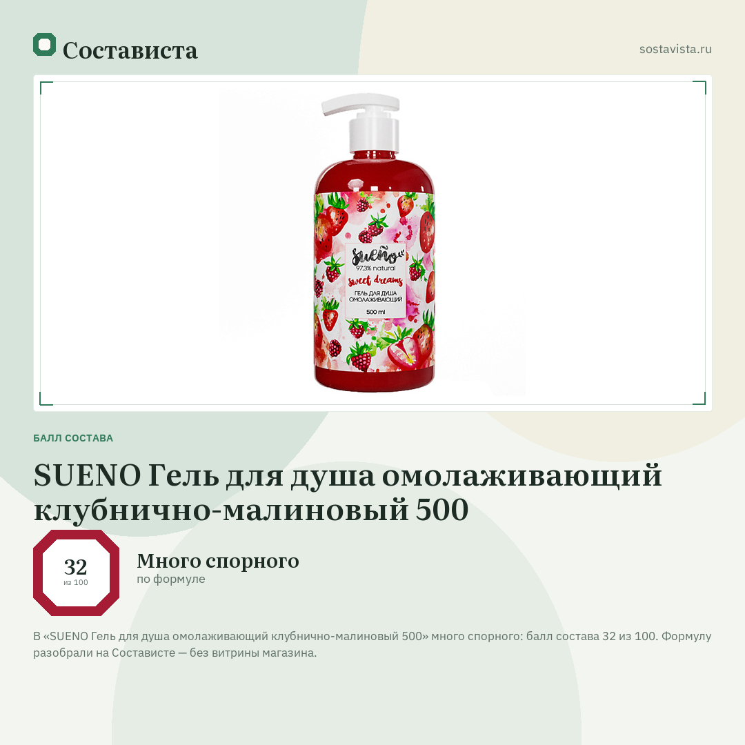 SUENO Гель для душа омолаживающий клубнично-малиновый 500: балл состава 32 из 100 — Состависта