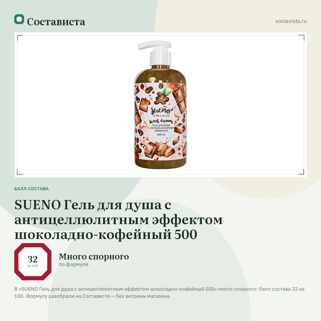 SUENO Гель для душа с антицеллюлитным эффектом шоколадно-кофейный 500: балл состава 32 из 100 — Состависта