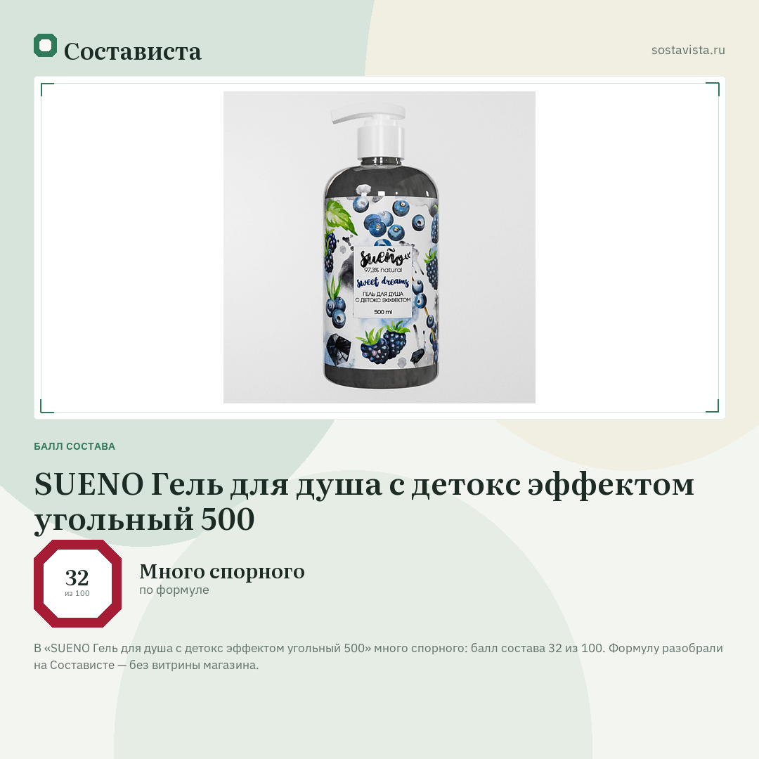 SUENO Гель для душа с детокс эффектом угольный 500: балл состава 32 из 100 — Состависта