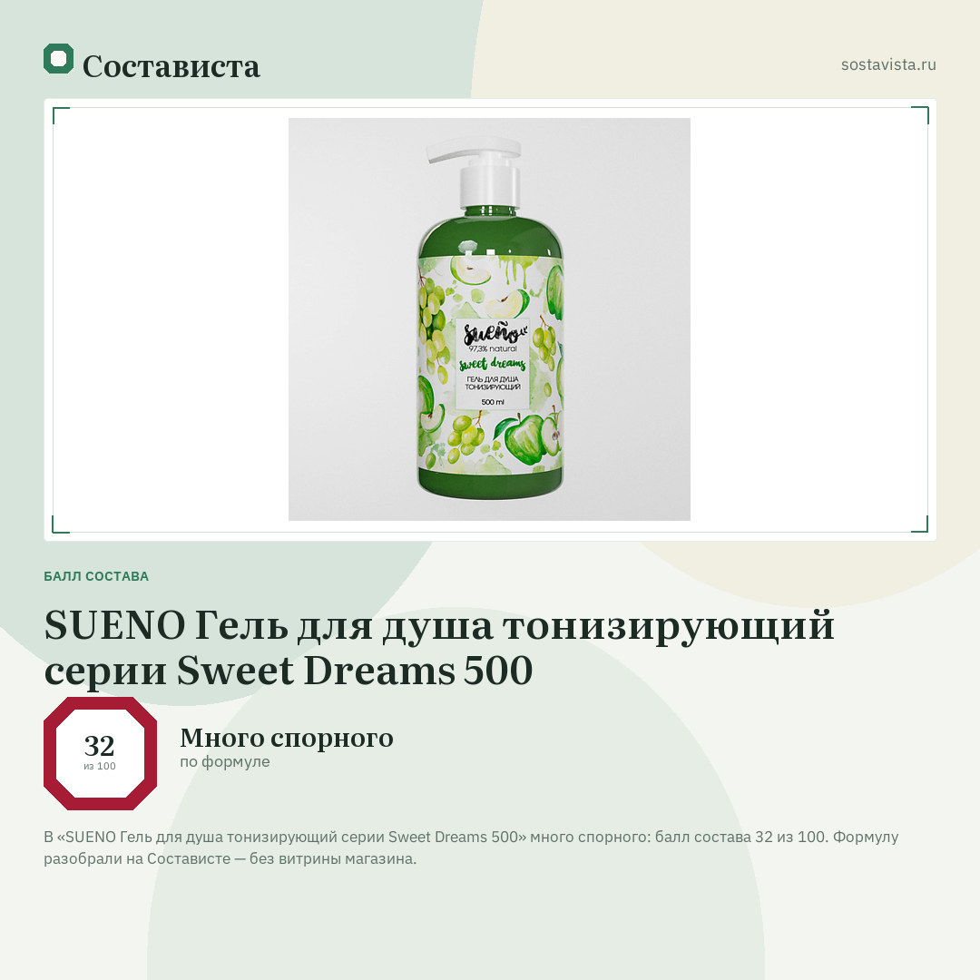 SUENO Гель для душа тонизирующий серии Sweet Dreams 500: балл состава 32 из 100 — Состависта