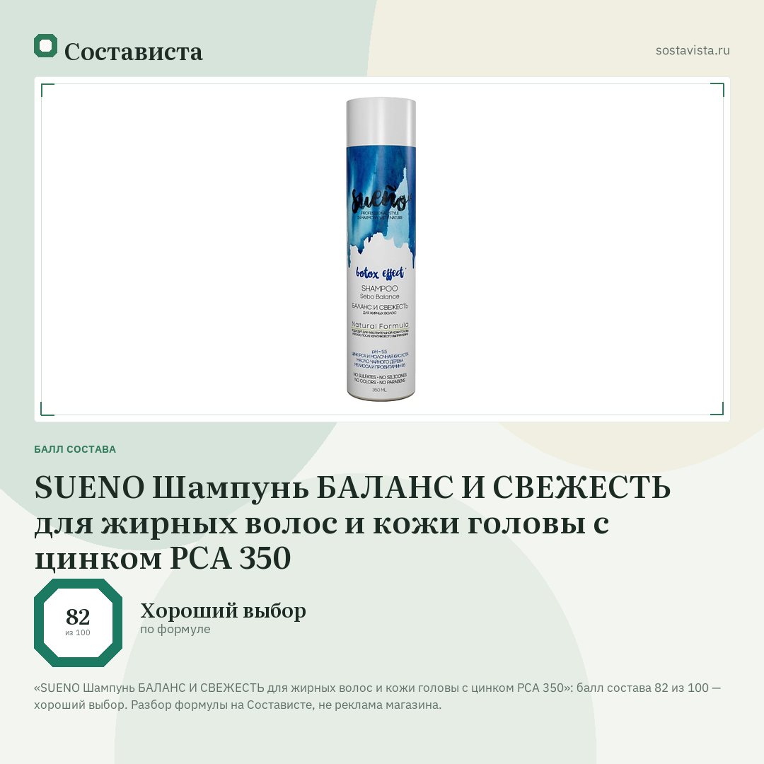 SUENO Шампунь БАЛАНС И СВЕЖЕСТЬ для жирных волос и кожи головы с цинком PCA 350: балл состава 82 из 100 — Состависта