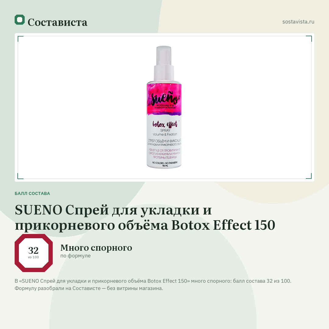 SUENO Спрей для укладки и прикорневого объёма Botox Effect 150: балл состава 32 из 100 — Состависта