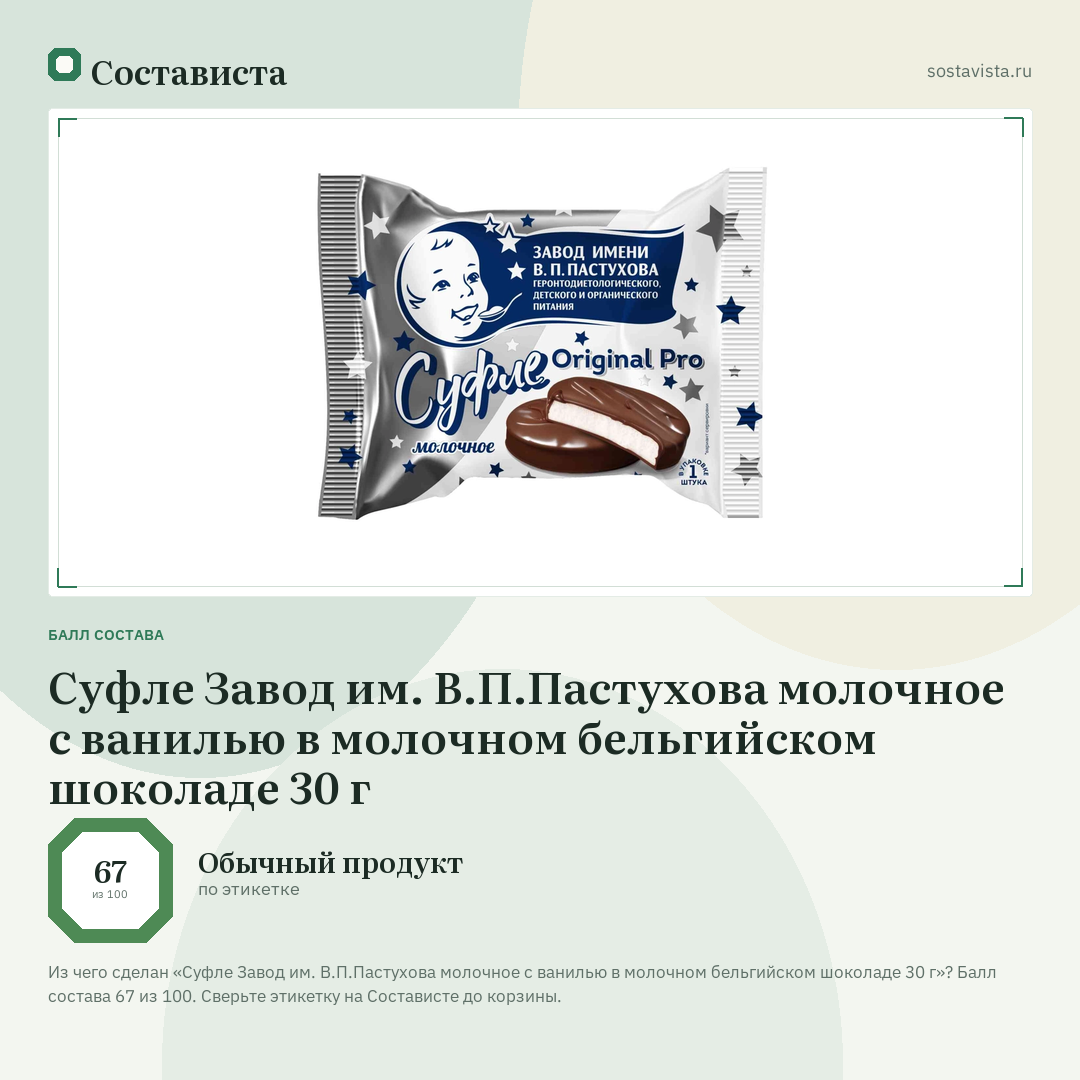 Суфле Завод им. В.П.Пастухова молочное с ванилью в молочном бельгийском шоколаде 30 г: балл состава 67 из 100 — Состависта