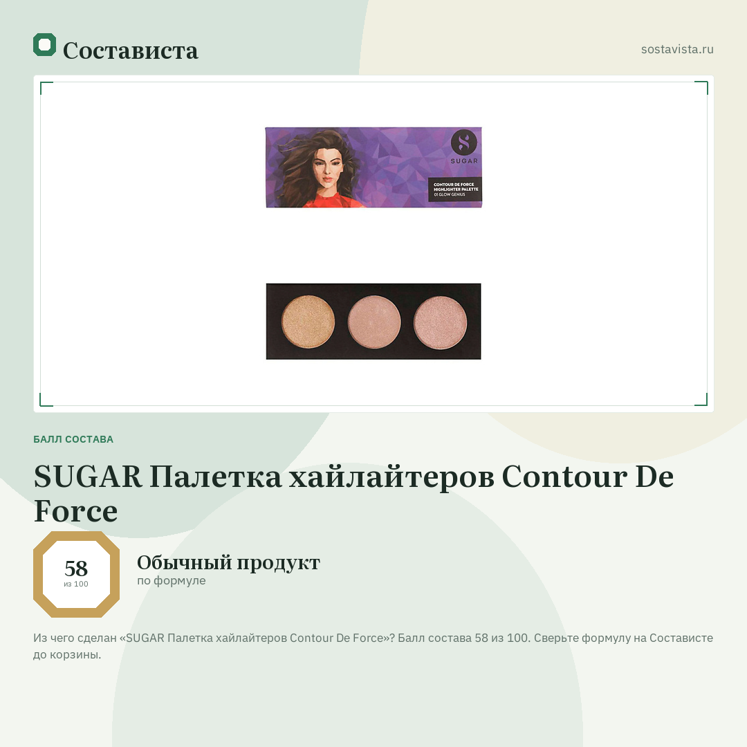 SUGAR Палетка хайлайтеров Contour De Force: балл состава 58 из 100 — Состависта
