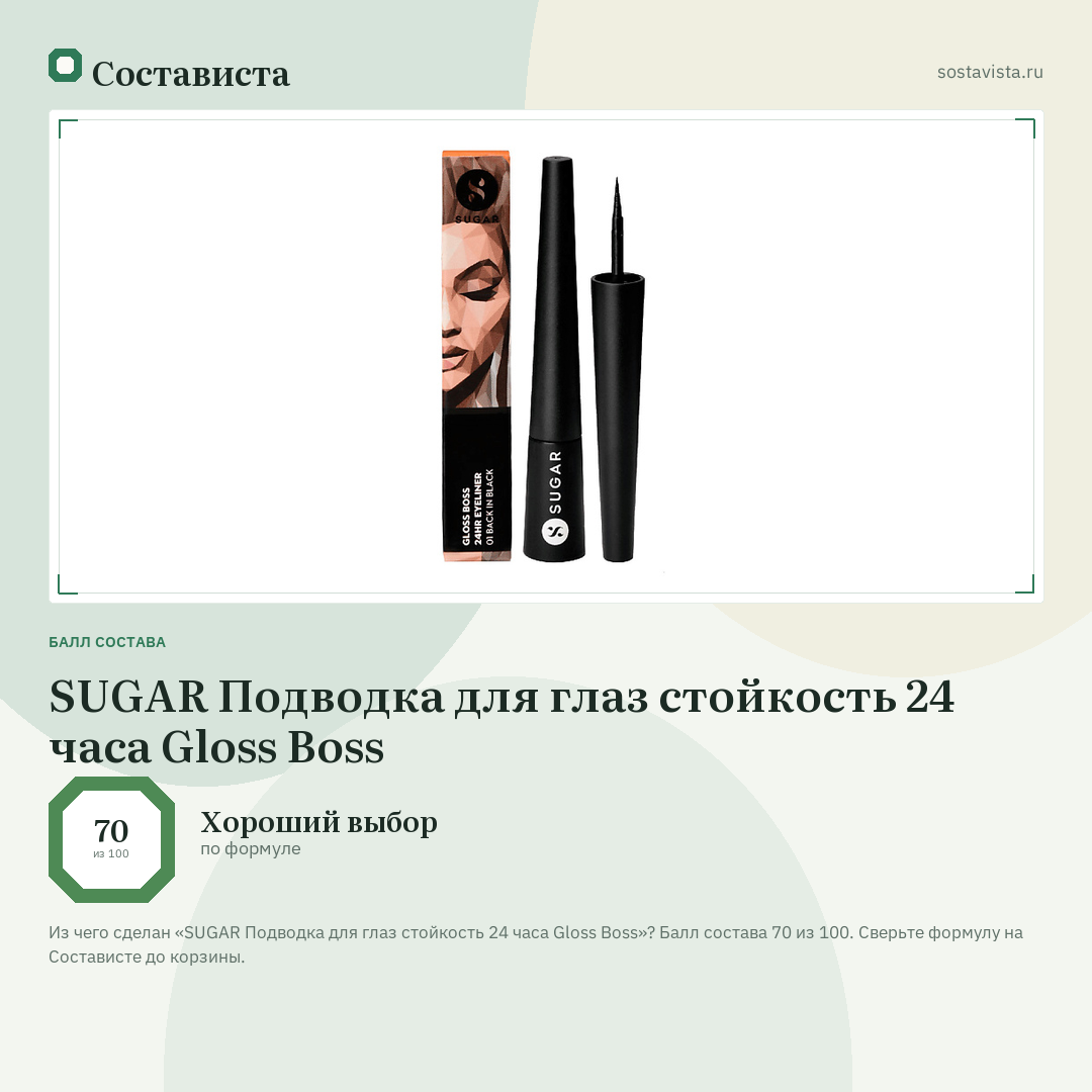 SUGAR Подводка для глаз стойкость 24 часа Gloss Boss: балл состава 70 из 100 — Состависта