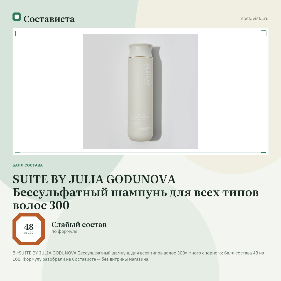 SUITE BY JULIA GODUNOVA Бессульфатный шампунь для всех типов волос 300: балл состава 48 из 100 — Состависта