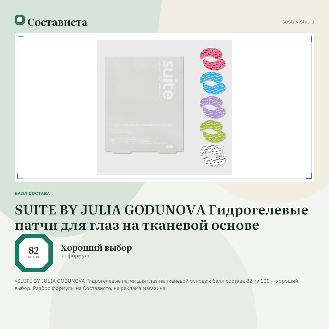 SUITE BY JULIA GODUNOVA Гидрогелевые патчи для глаз на тканевой основе: балл состава 82 из 100 — Состависта